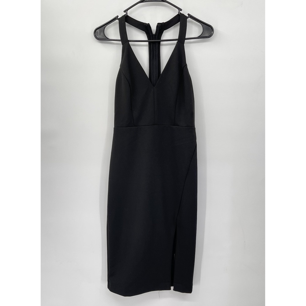 Lulus Small V-Neck‎ Bodycon Dress Womens Black Racerback Front Slit Cocktail